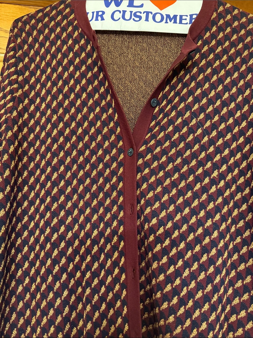 Ann Taylor Burgundy and Tan/Gold Patterned Open Cardigan - Picture 2 of 6
